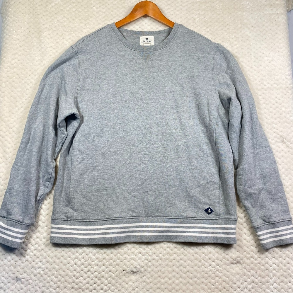 Sperry Mens Crew Neck Pullover Sweatshirt Gray Striped Cuffs and Waistband Large